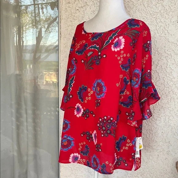 Zac & Rachel Red Floral Ruffle Sleeve Blouse size 1X Brand New - Picture 1 of 9